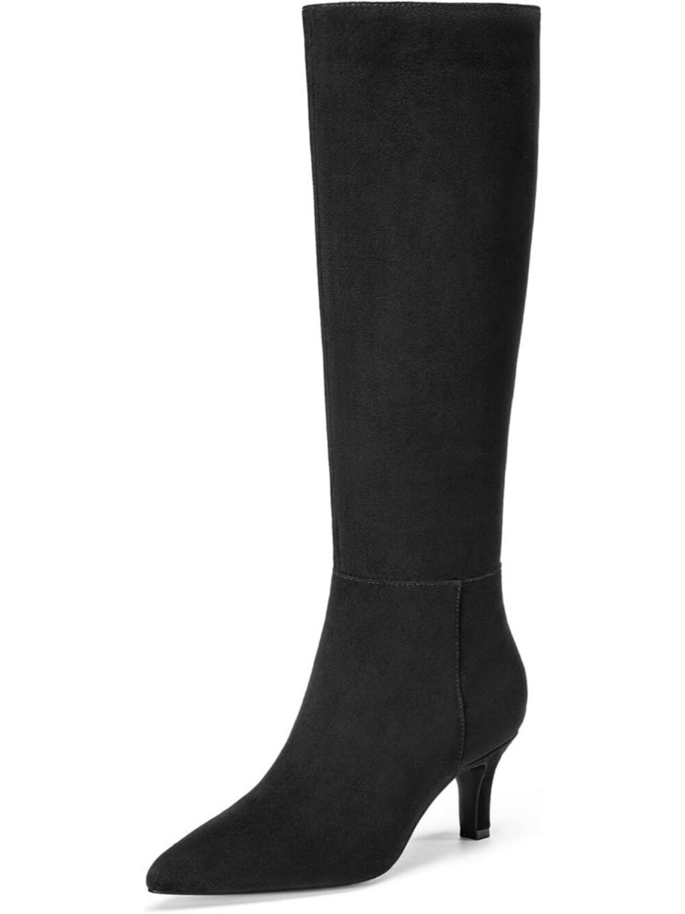 Women's Black Faux Suede Side Zipper 2.36 Inch Heels Pointed Toe Knee High Boots